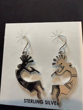 Native made Kokopelli dangle earrings. Native handmade. 925 sterling